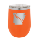 Laser etched orange 12 oz vacuum insulated wine cup with 'Arkansas Home' design