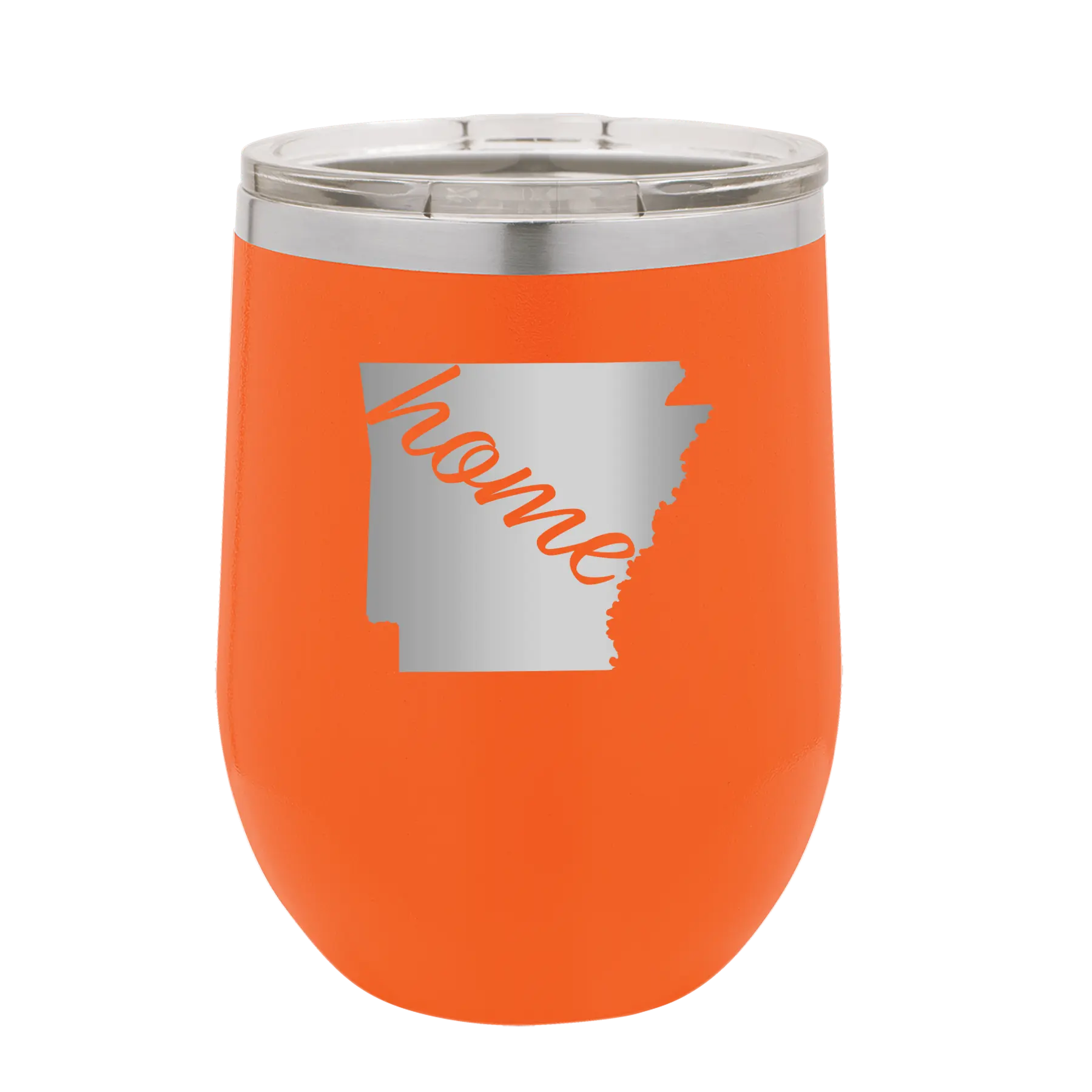 Laser etched orange 12 oz vacuum insulated wine cup with 'Arkansas Home' design