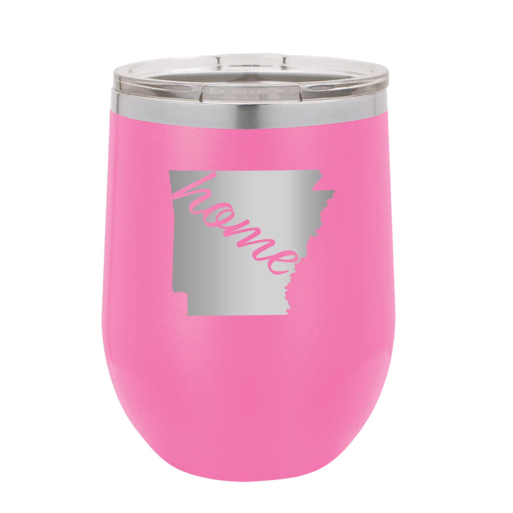 Laser etched pink 12 oz vacuum insulated wine cup with 'Arkansas Home' design