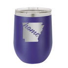 Laser etched purple 12 oz vacuum insulated wine cup with 'Arkansas Home' design