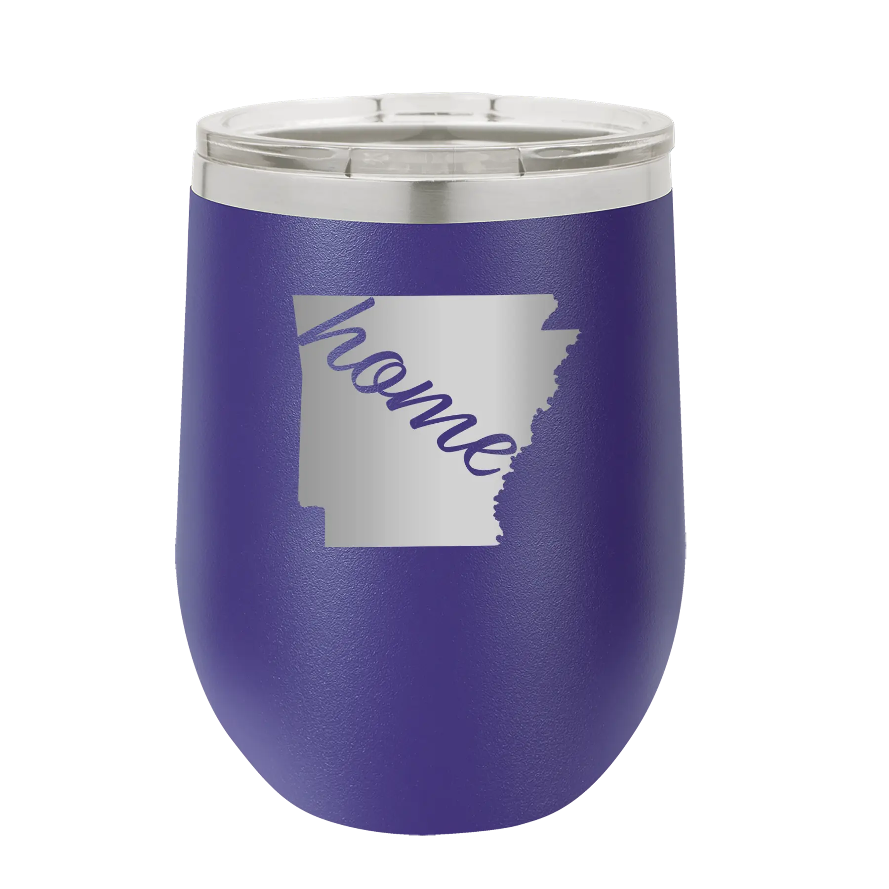 Laser etched purple 12 oz vacuum insulated wine cup with 'Arkansas Home' design