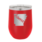 Laser etched red 12 oz vacuum insulated wine cup with 'Arkansas Home' design