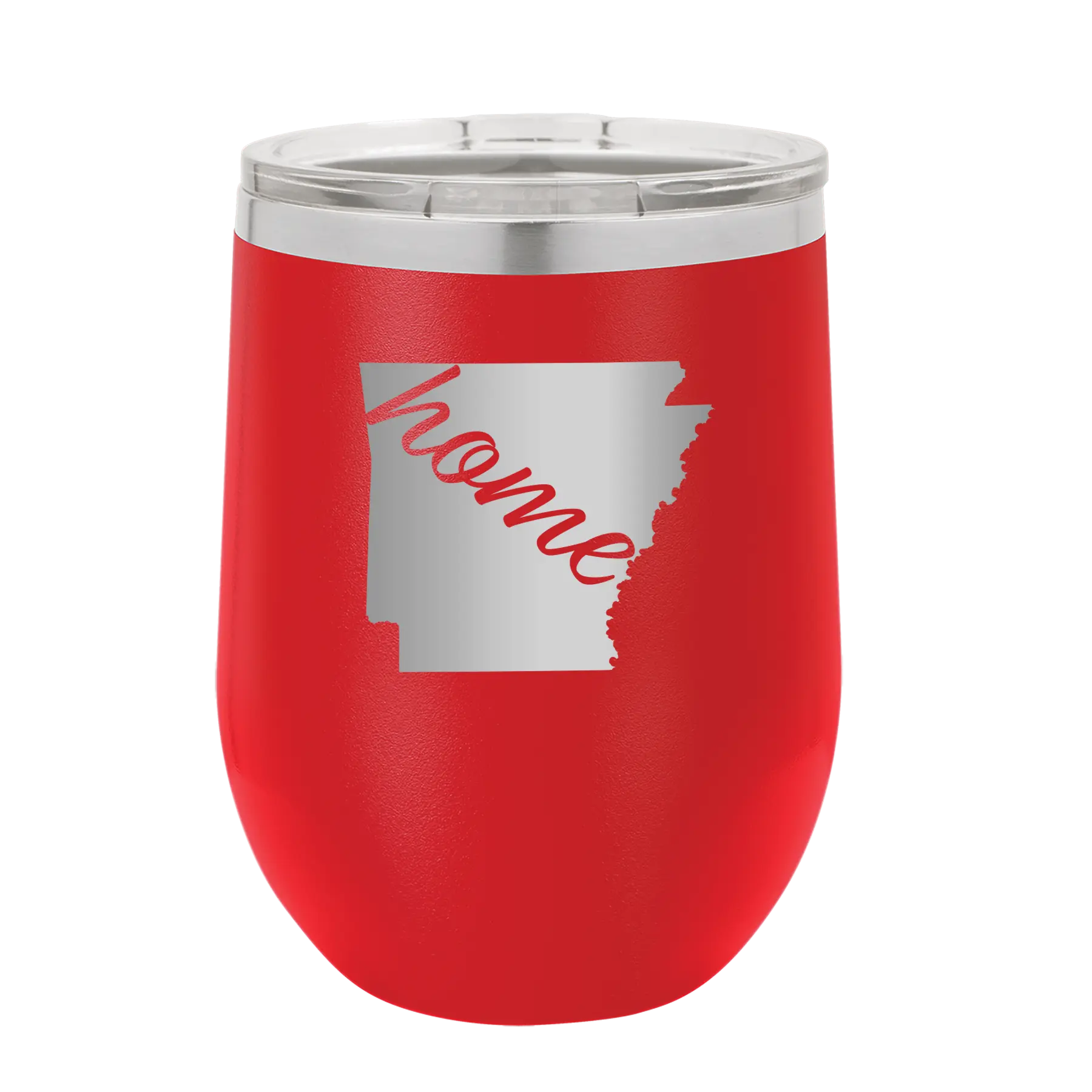 Laser etched red 12 oz vacuum insulated wine cup with 'Arkansas Home' design