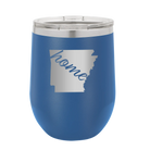 Laser etched royal blue 12 oz vacuum insulated wine cup with 'Arkansas Home' design