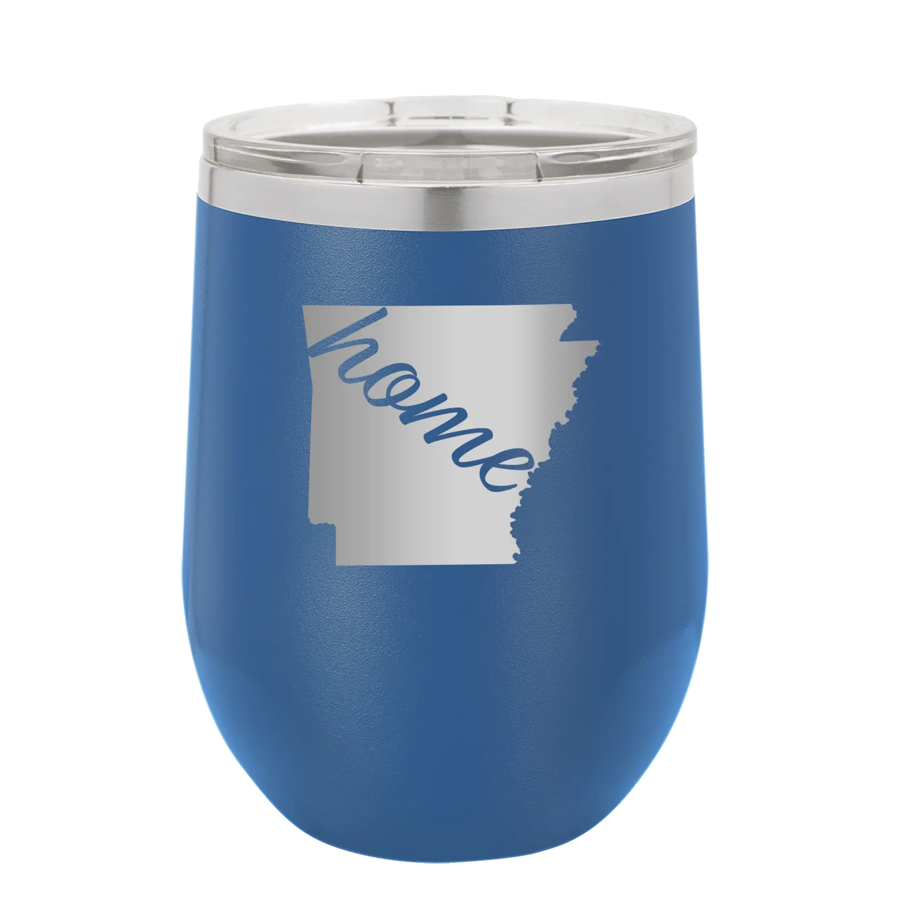 Laser etched royal blue 12 oz vacuum insulated wine cup with 'Arkansas Home' design