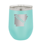 Laser etched teal 12 oz vacuum insulated wine cup with 'Arkansas Home' design