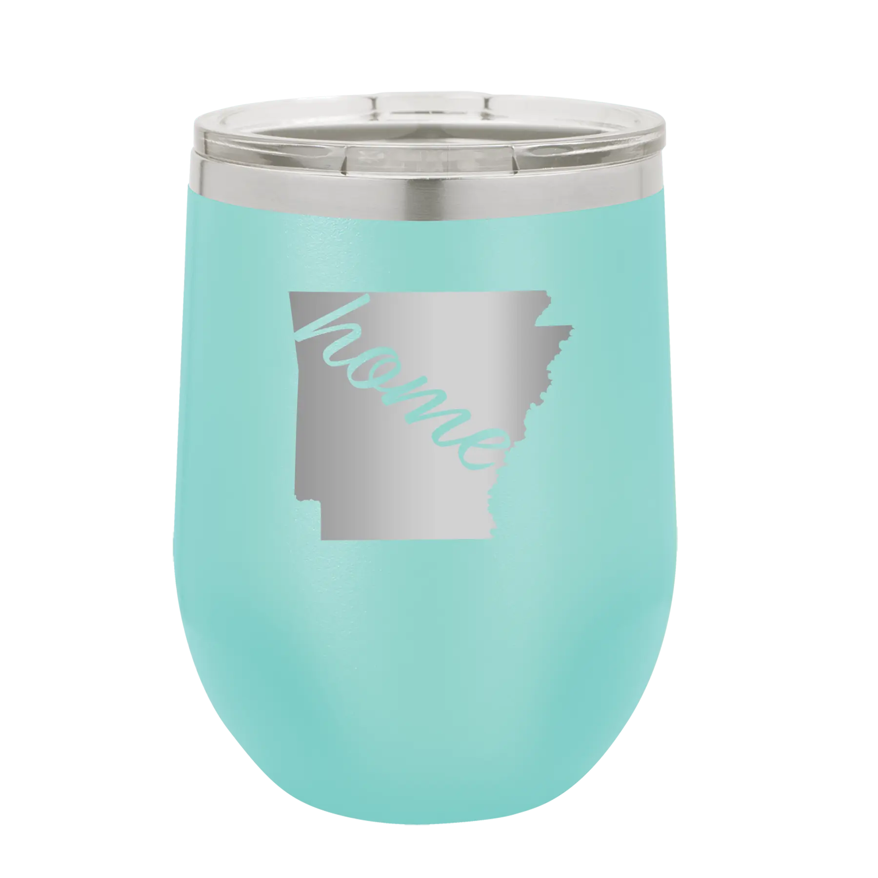 Laser etched teal 12 oz vacuum insulated wine cup with 'Arkansas Home' design