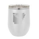 Laser etched white 12 oz vacuum insulated wine cup with 'Arkansas Home' design
