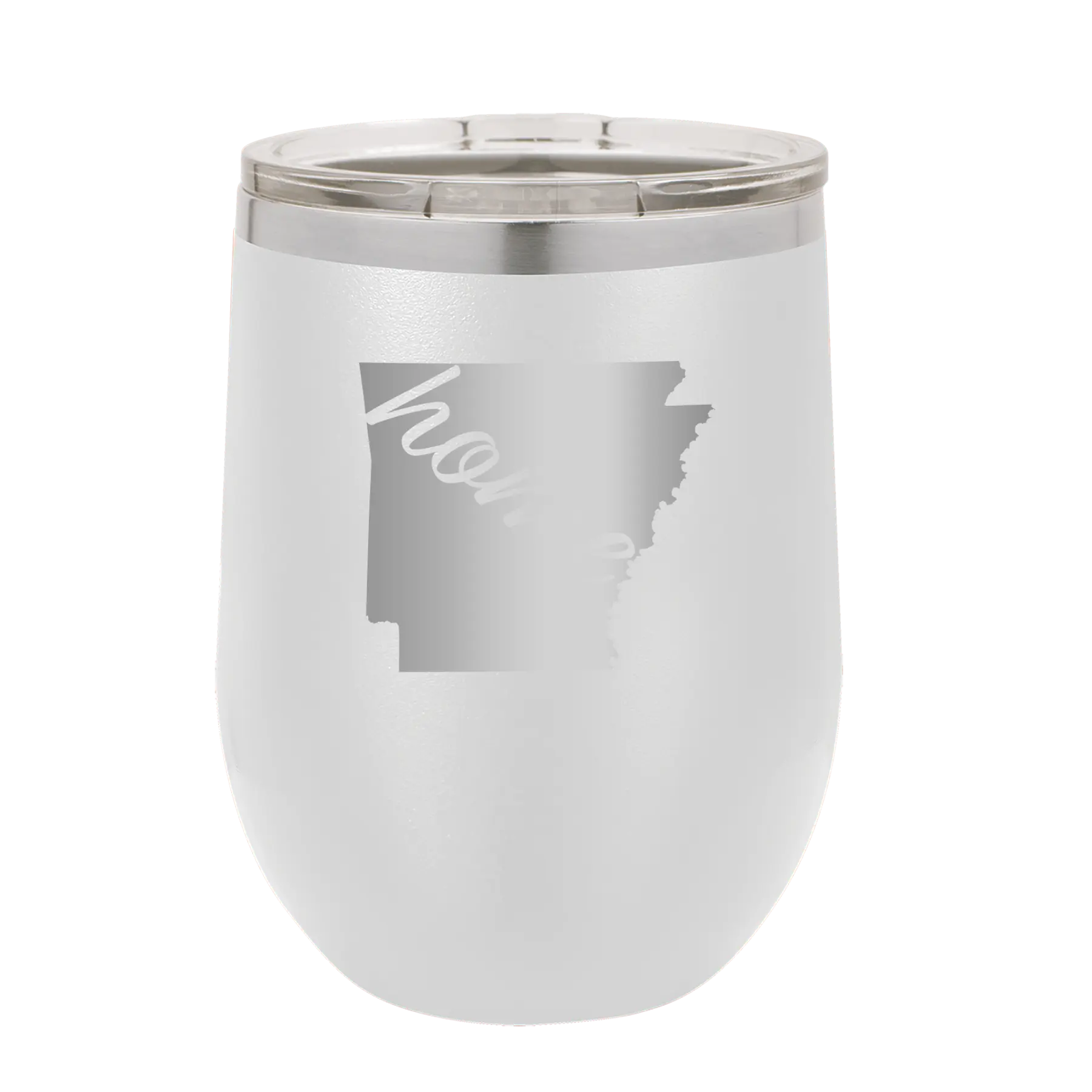 Laser etched white 12 oz vacuum insulated wine cup with 'Arkansas Home' design