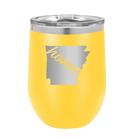 Laser etched yellow 12 oz vacuum insulated wine cup with 'Arkansas Home' design