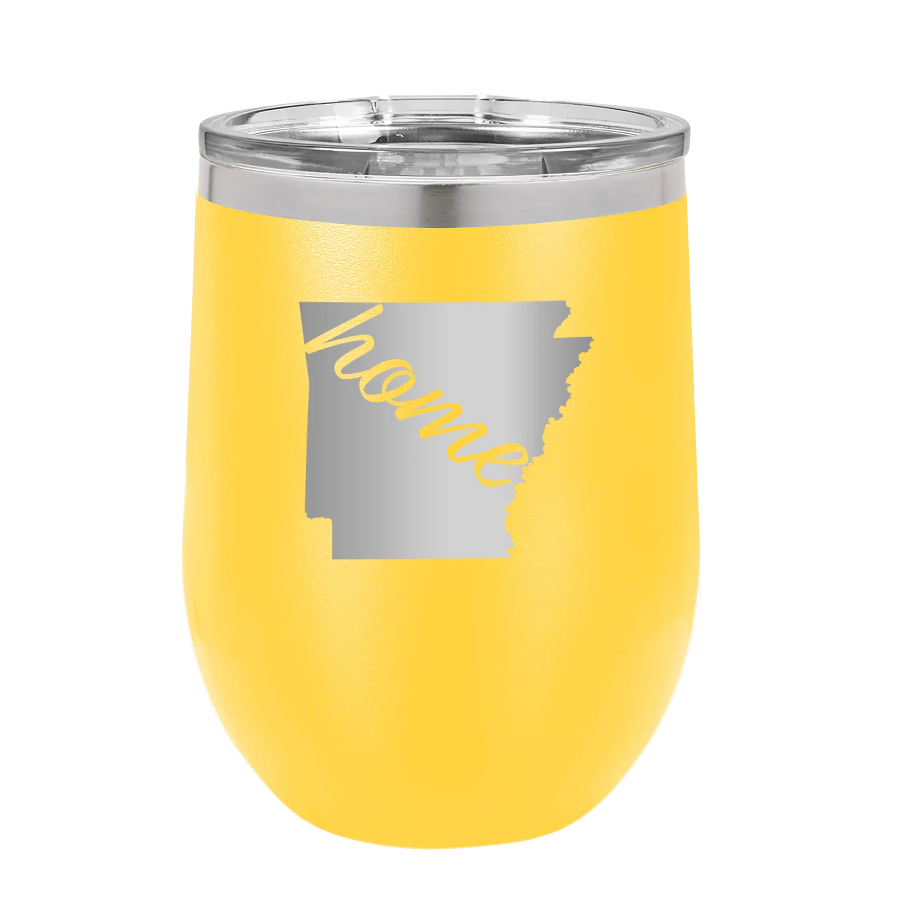 Laser etched yellow 12 oz vacuum insulated wine cup with 'Arkansas Home' design