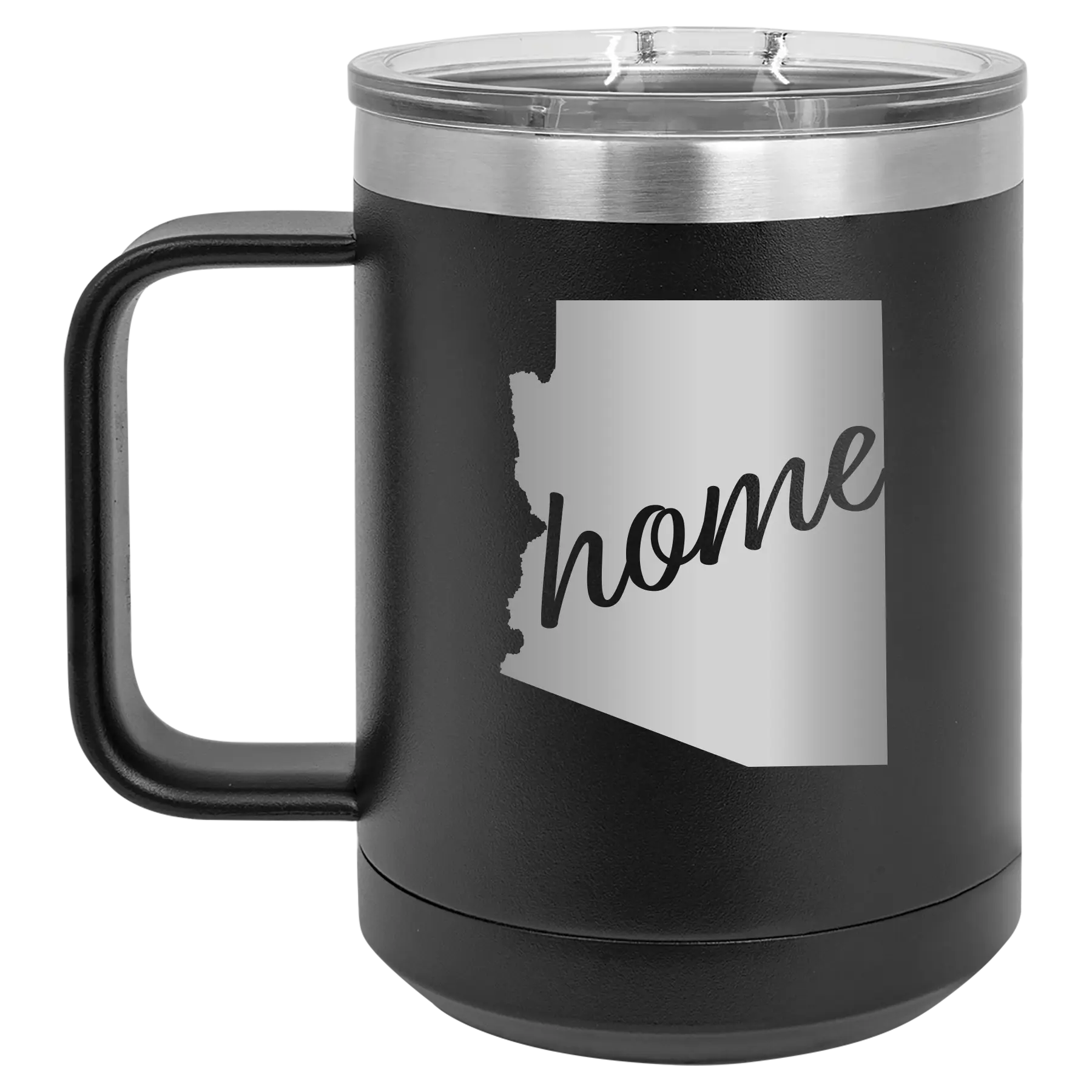 Laser etched black 15 oz vacuum insulated coffee mug with 'Arizona Home' design