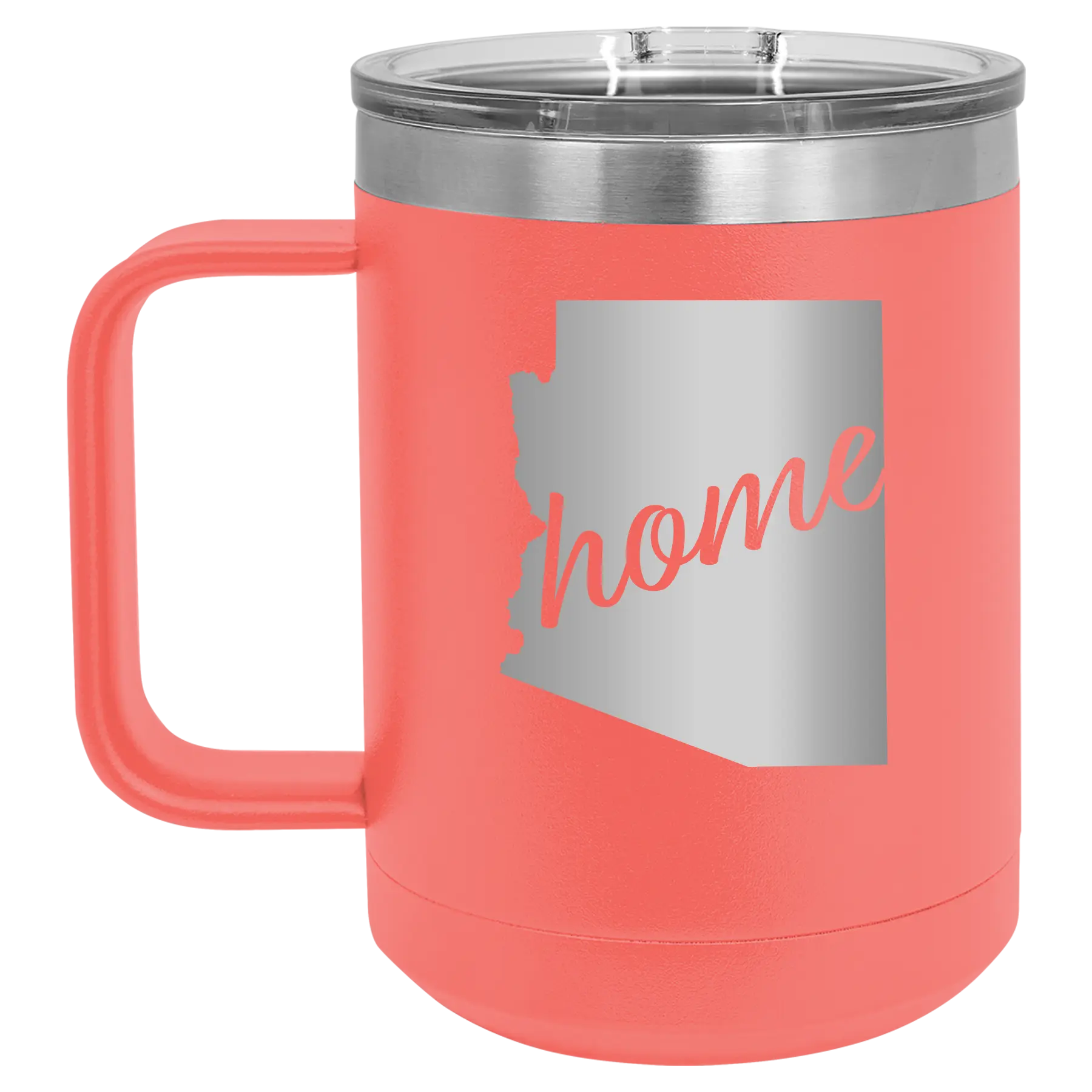 Laser etched coral 15 oz vacuum insulated coffee mug with 'Arizona Home' design