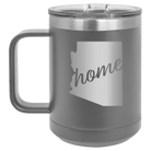 Laser etched dark gray 15 oz vacuum insulated coffee mug with 'Arizona Home' design