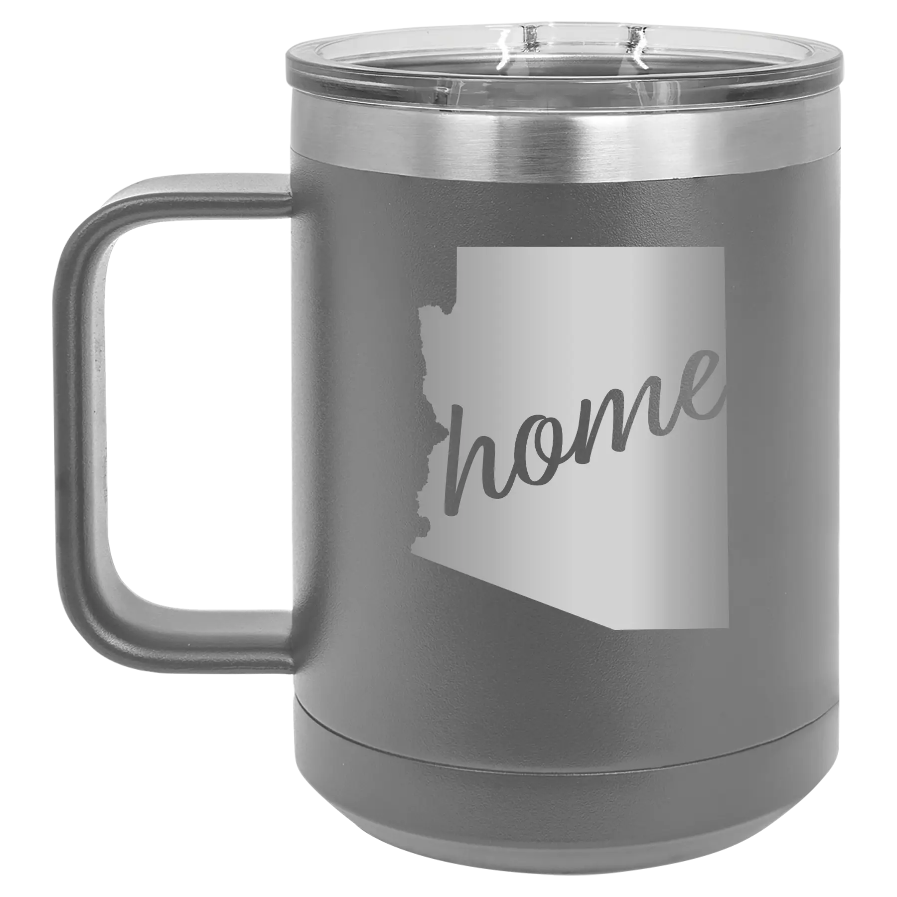 Laser etched dark gray 15 oz vacuum insulated coffee mug with 'Arizona Home' design