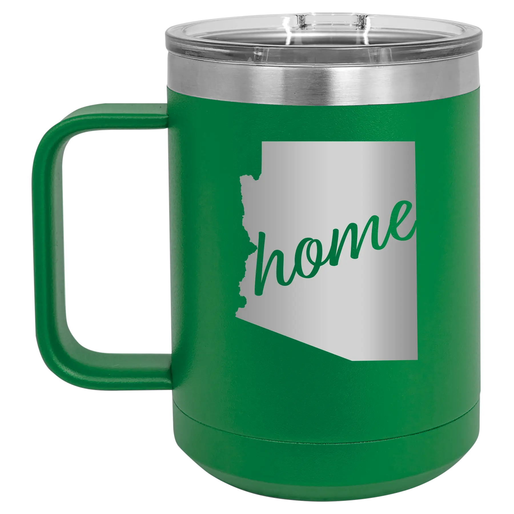 Laser etched green 15 oz vacuum insulated coffee mug with 'Arizona Home' design