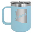 Laser etched light blue 15 oz vacuum insulated coffee mug with 'Arizona Home' design