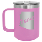 Laser etched light purple 15 oz vacuum insulated coffee mug with 'Arizona Home' design