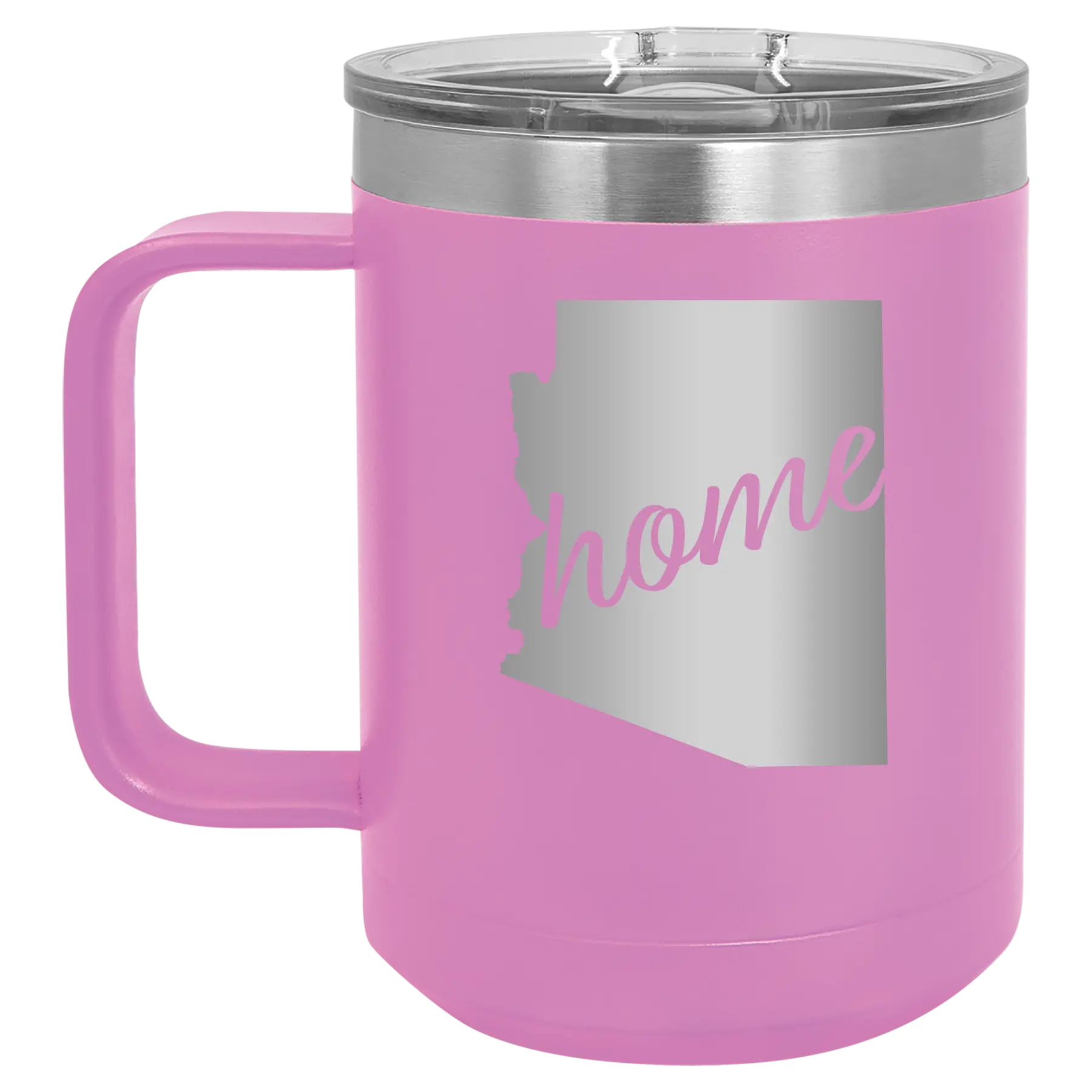 Laser etched light purple 15 oz vacuum insulated coffee mug with 'Arizona Home' design
