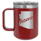 Laser etched maroon 15 oz vacuum insulated coffee mug with 'Arizona Home' design