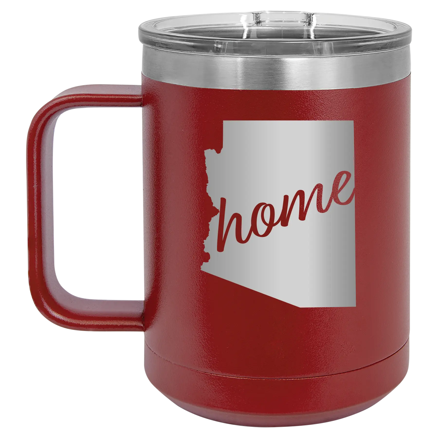 Laser etched maroon 15 oz vacuum insulated coffee mug with 'Arizona Home' design