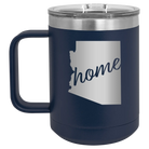 Laser etched navy 15 oz vacuum insulated coffee mug with 'Arizona Home' design