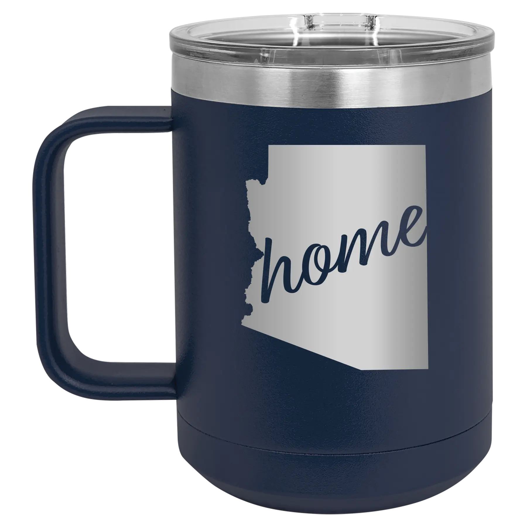 Laser etched navy 15 oz vacuum insulated coffee mug with 'Arizona Home' design