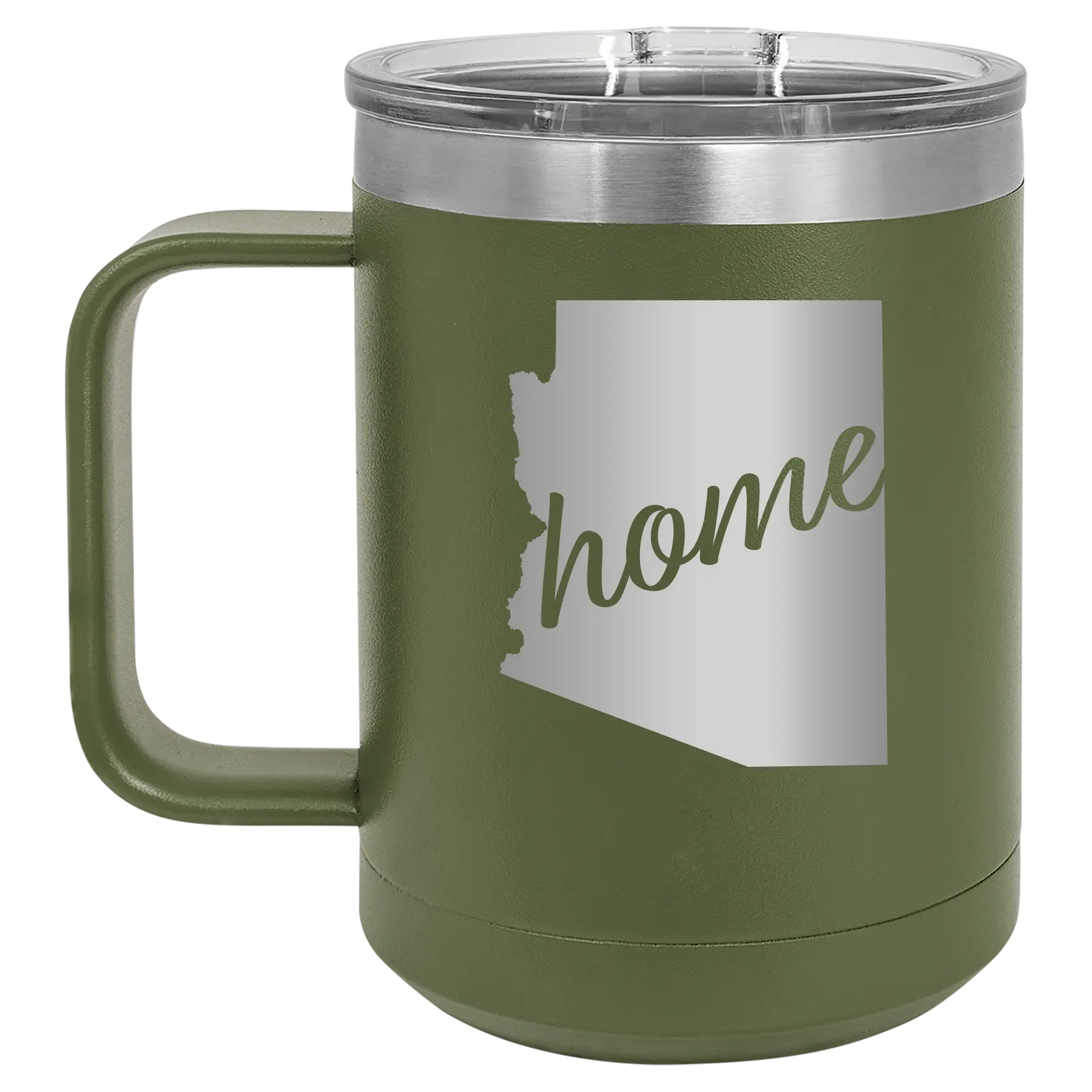 Laser etched olive green 15 oz vacuum insulated coffee mug with 'Arizona Home' design