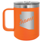 Laser etched orange 15 oz vacuum insulated coffee mug with 'Arizona Home' design