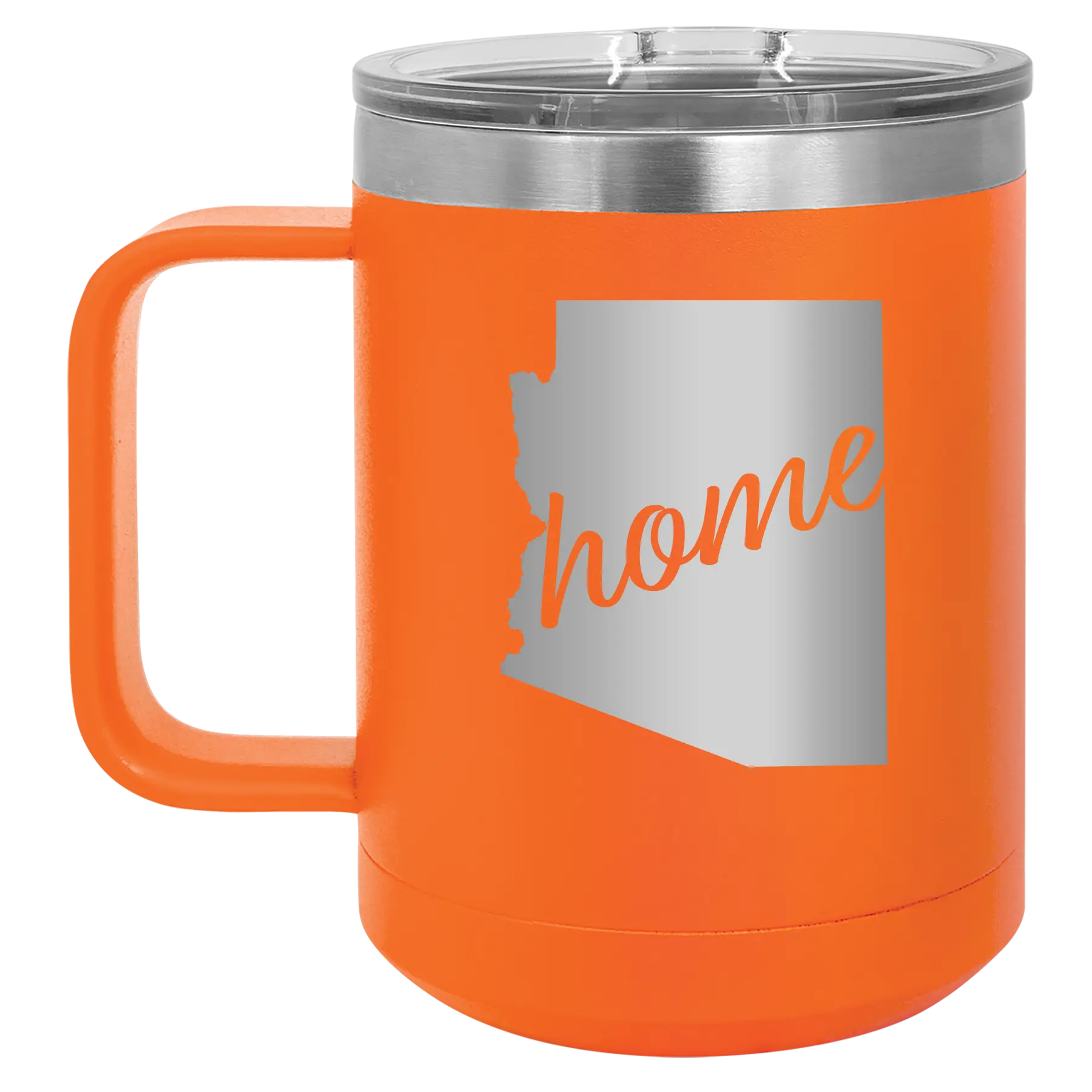 Laser etched orange 15 oz vacuum insulated coffee mug with 'Arizona Home' design