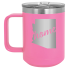 Laser etched pink 15 oz vacuum insulated coffee mug with 'Arizona Home' design