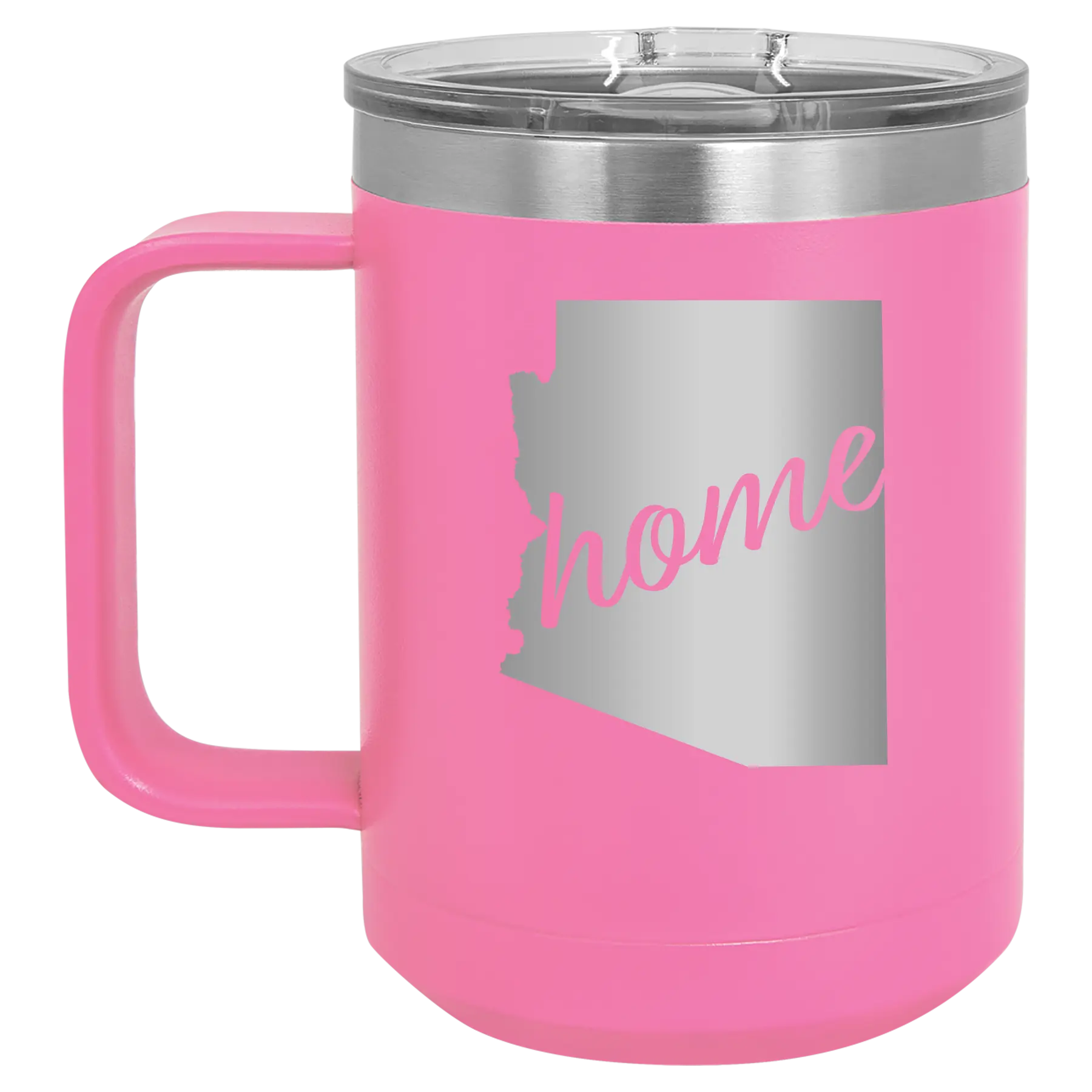 Laser etched pink 15 oz vacuum insulated coffee mug with 'Arizona Home' design