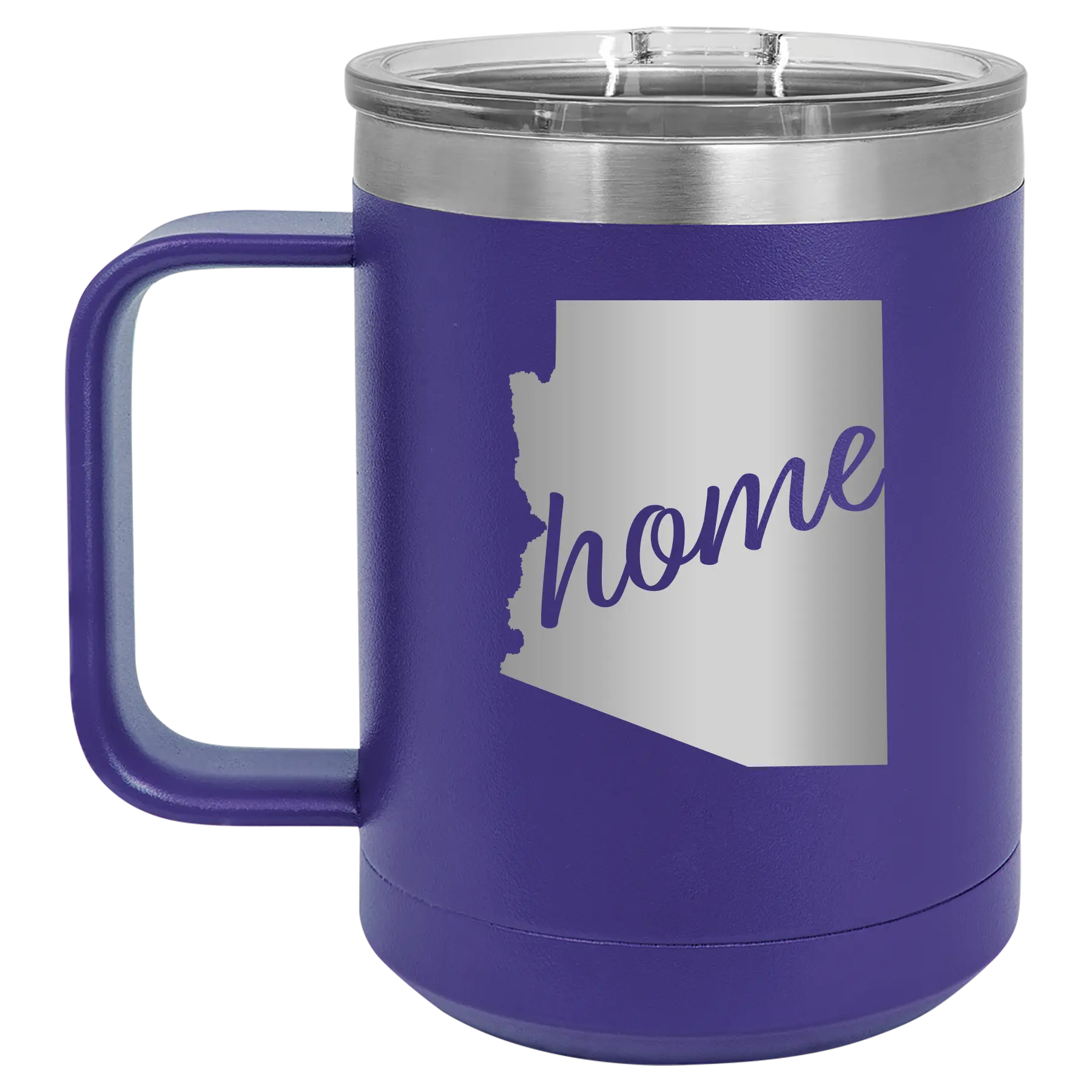 Laser etched purple 15 oz vacuum insulated coffee mug with 'Arizona Home' design