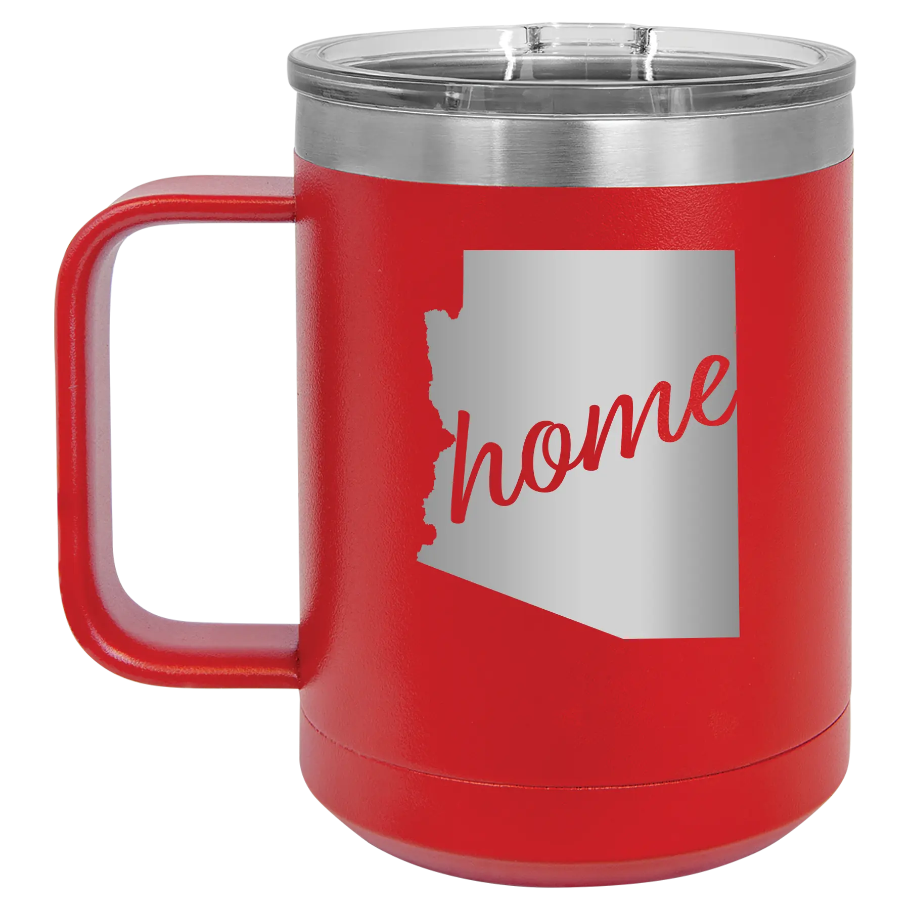 Laser etched red 15 oz vacuum insulated coffee mug with 'Arizona Home' design