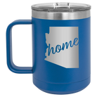 Laser etched royal blue 15 oz vacuum insulated coffee mug with 'Arizona Home' design