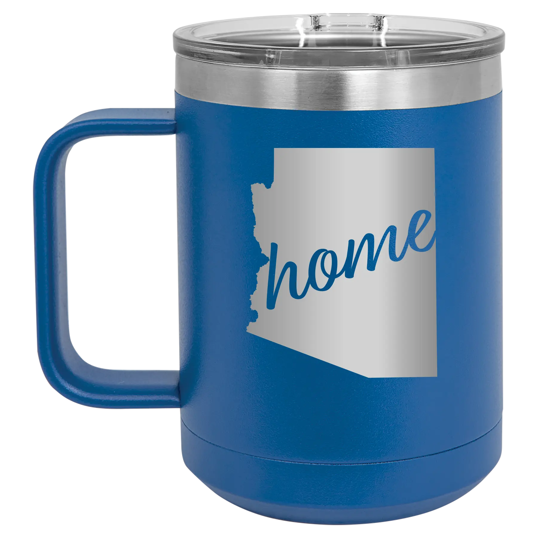 Laser etched royal blue 15 oz vacuum insulated coffee mug with 'Arizona Home' design
