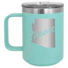 Laser etched teal 15 oz vacuum insulated coffee mug with 'Arizona Home' design