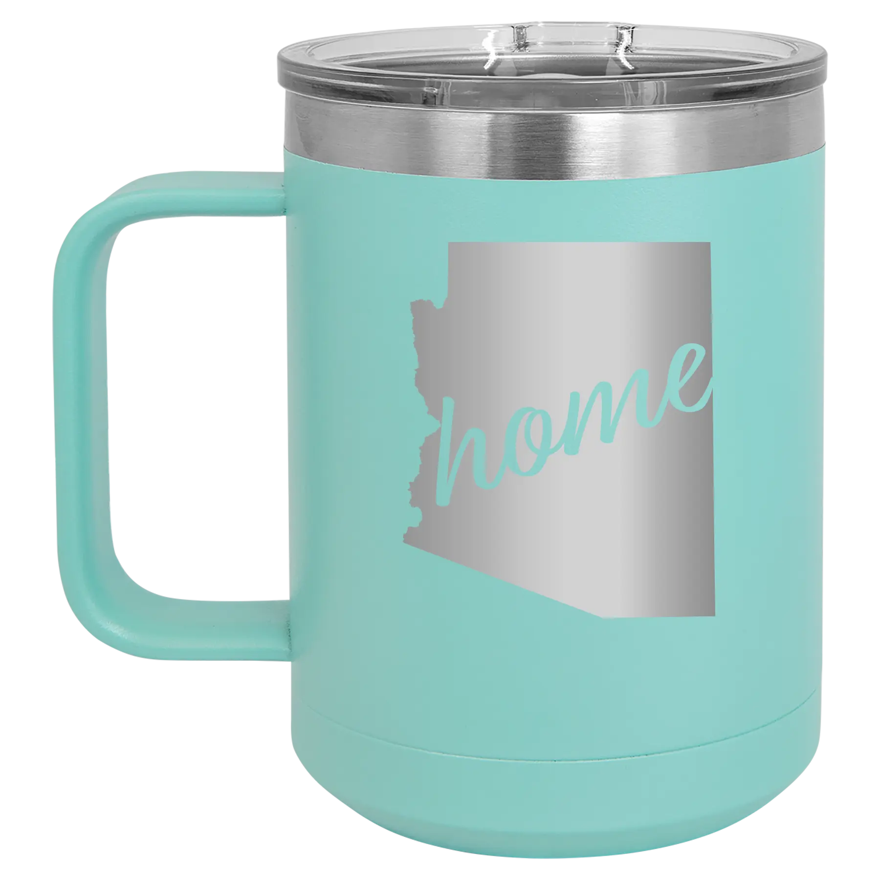 Laser etched teal 15 oz vacuum insulated coffee mug with 'Arizona Home' design