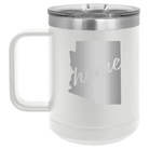 Laser etched white 15 oz vacuum insulated coffee mug with 'Arizona Home' design