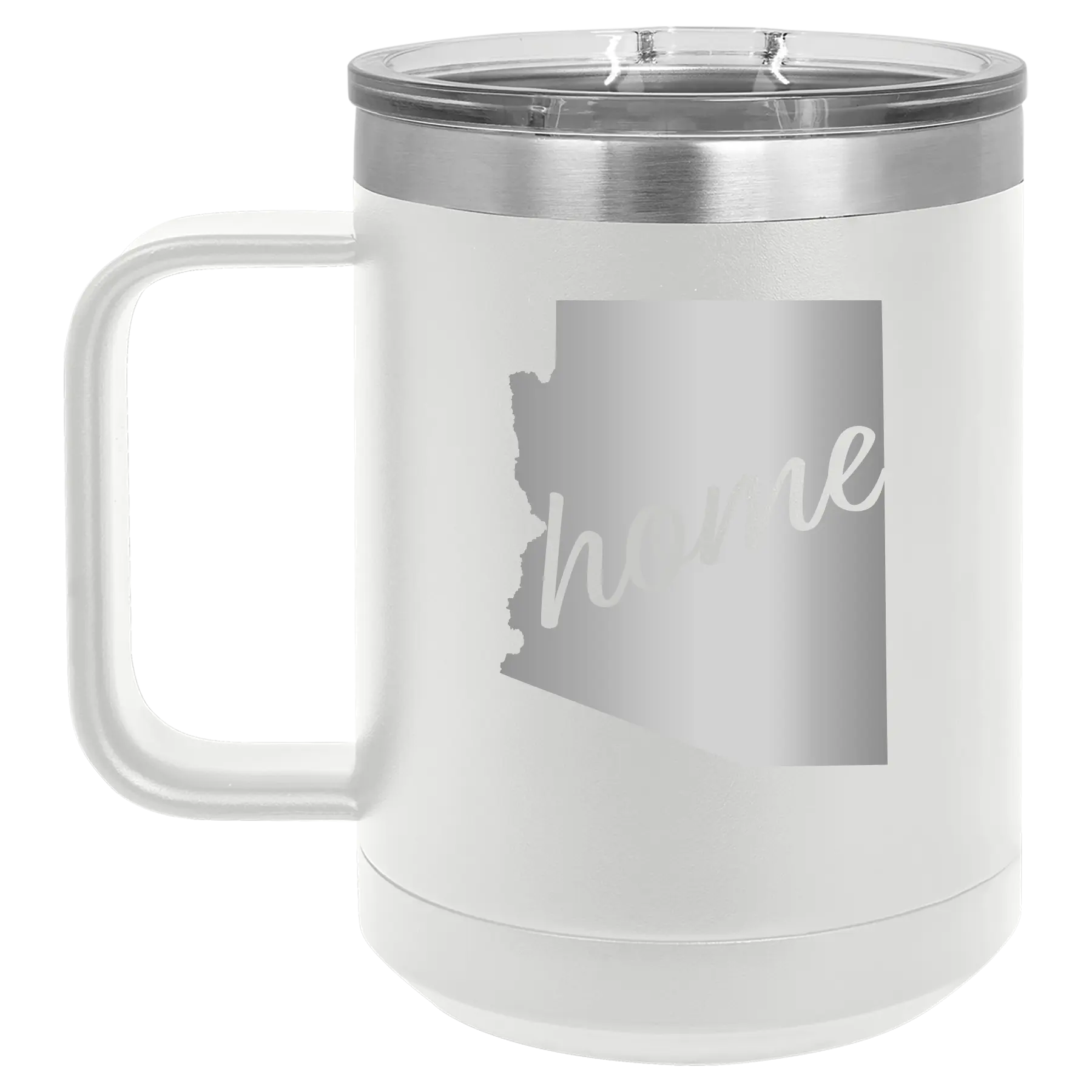 Laser etched white 15 oz vacuum insulated coffee mug with 'Arizona Home' design