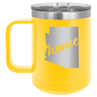 Laser etched yellow 15 oz vacuum insulated coffee mug with 'Arizona Home' design