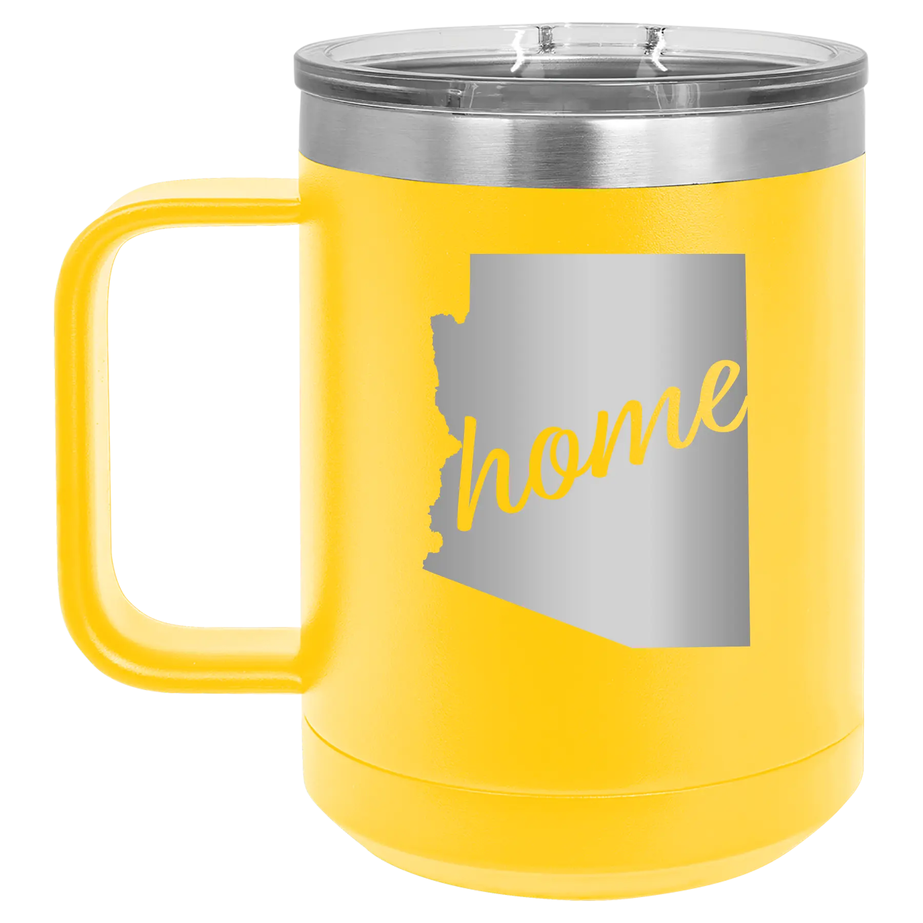 Laser etched yellow 15 oz vacuum insulated coffee mug with 'Arizona Home' design