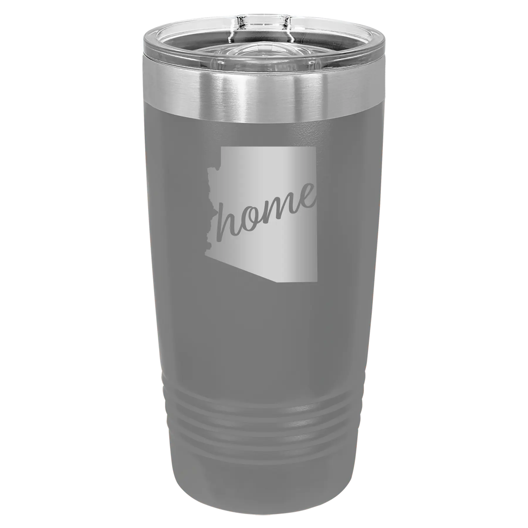 Laser etched dark gray 20 oz vacuum insulated tumbler with 'Arizona Home' design