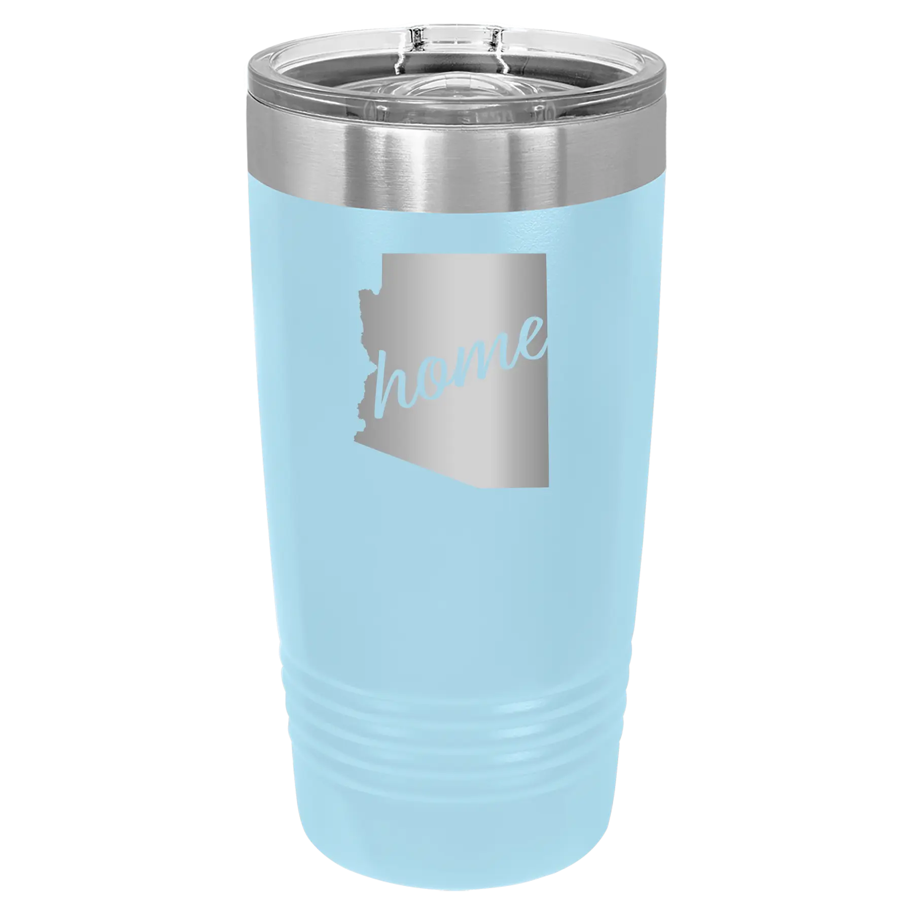 Laser etched light blue 20 oz vacuum insulated tumbler with 'Arizona Home' design