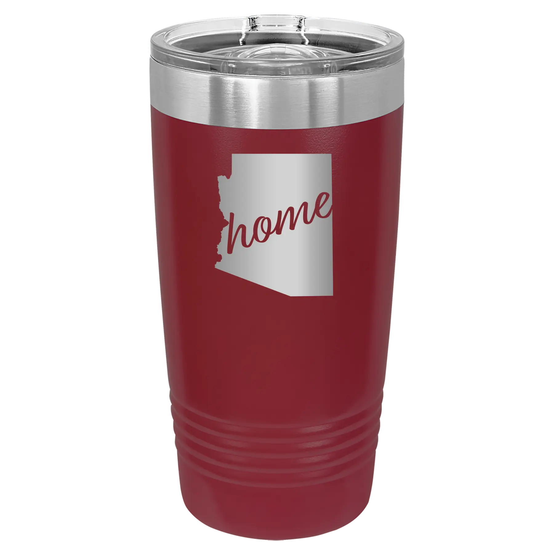 Laser etched maroon 20 oz vacuum insulated tumbler with 'Arizona Home' design