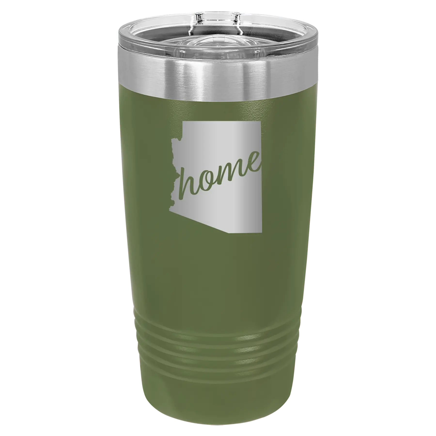 Laser etched olive green 20 oz vacuum insulated tumbler with 'Arizona Home' design
