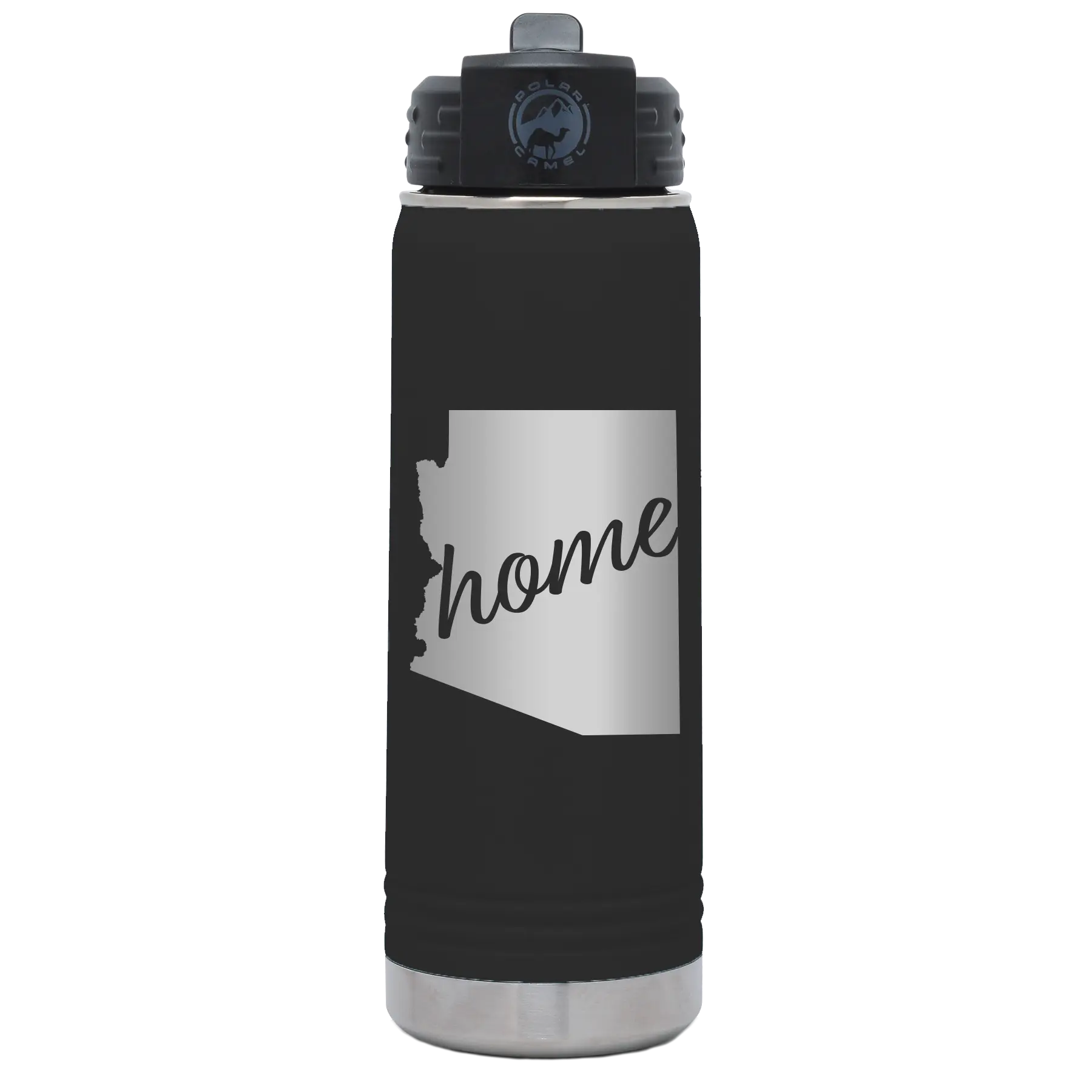 Laser etched black 20 oz vacuum insulated water bottle with 'Arizona Home' design