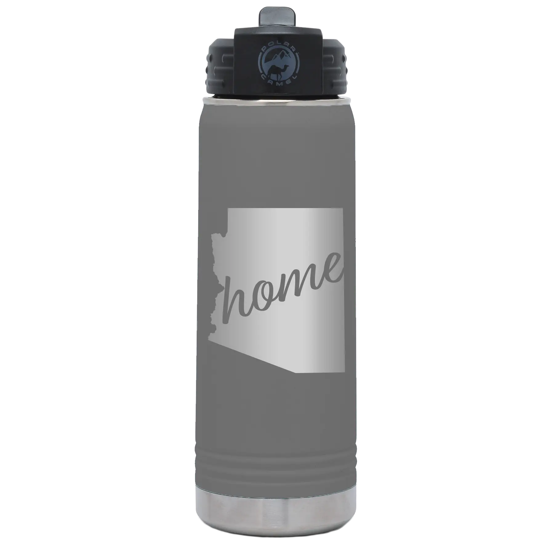 Laser etched dark gray 20 oz vacuum insulated water bottle with 'Arizona Home' design