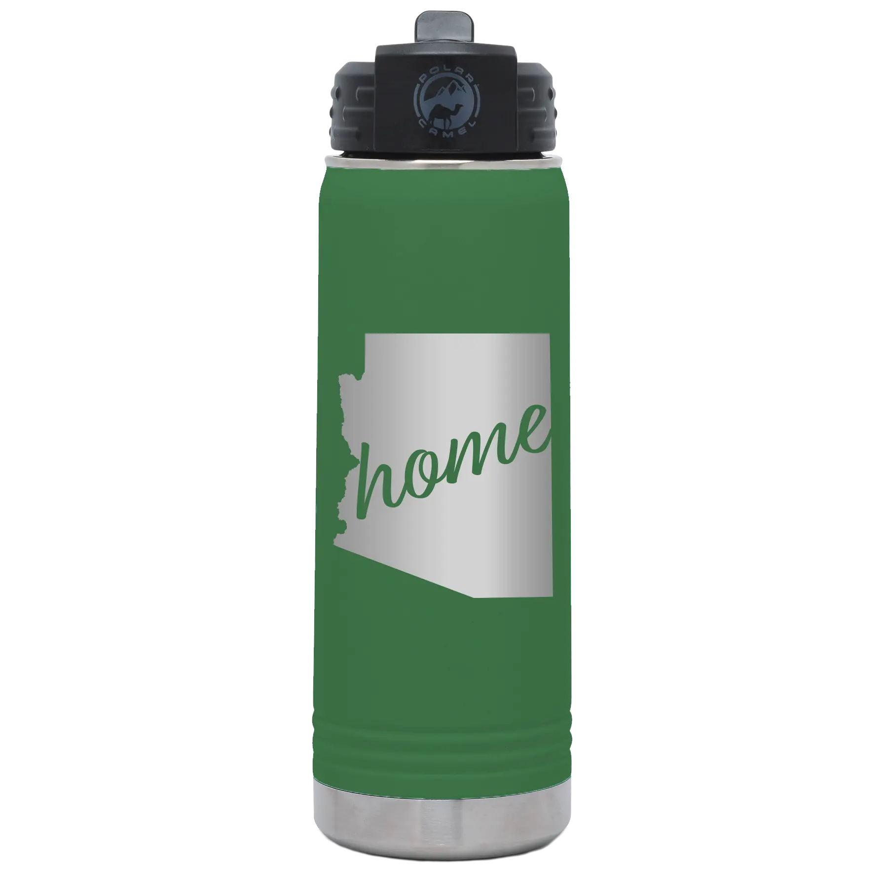 Laser etched green 20 oz vacuum insulated water bottle with 'Arizona Home' design