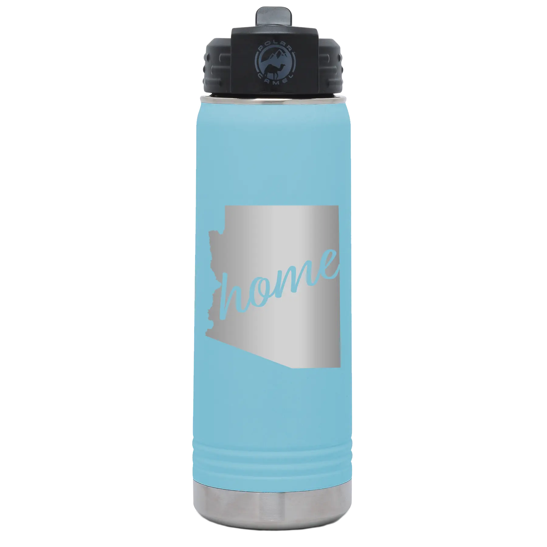 Laser etched light blue 20 oz vacuum insulated water bottle with 'Arizona Home' design